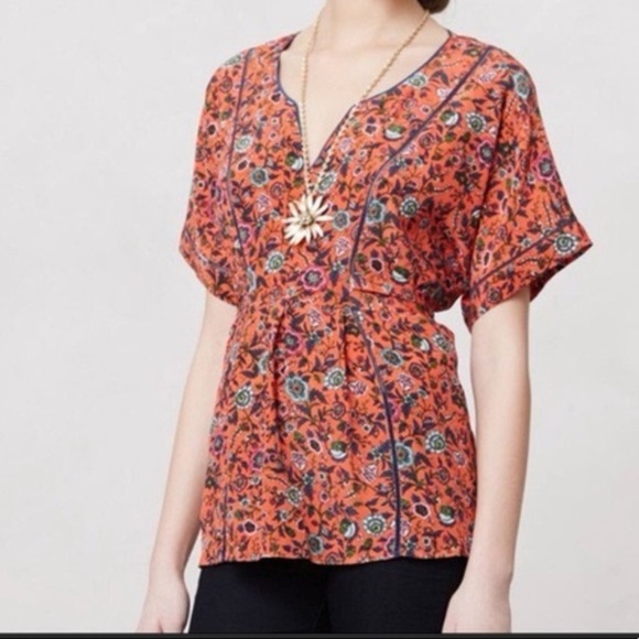 Anthropologie Maeve Women’s Orange Floral Kimono Silk Tie Blouse - Size Small - Picture 1 of 9